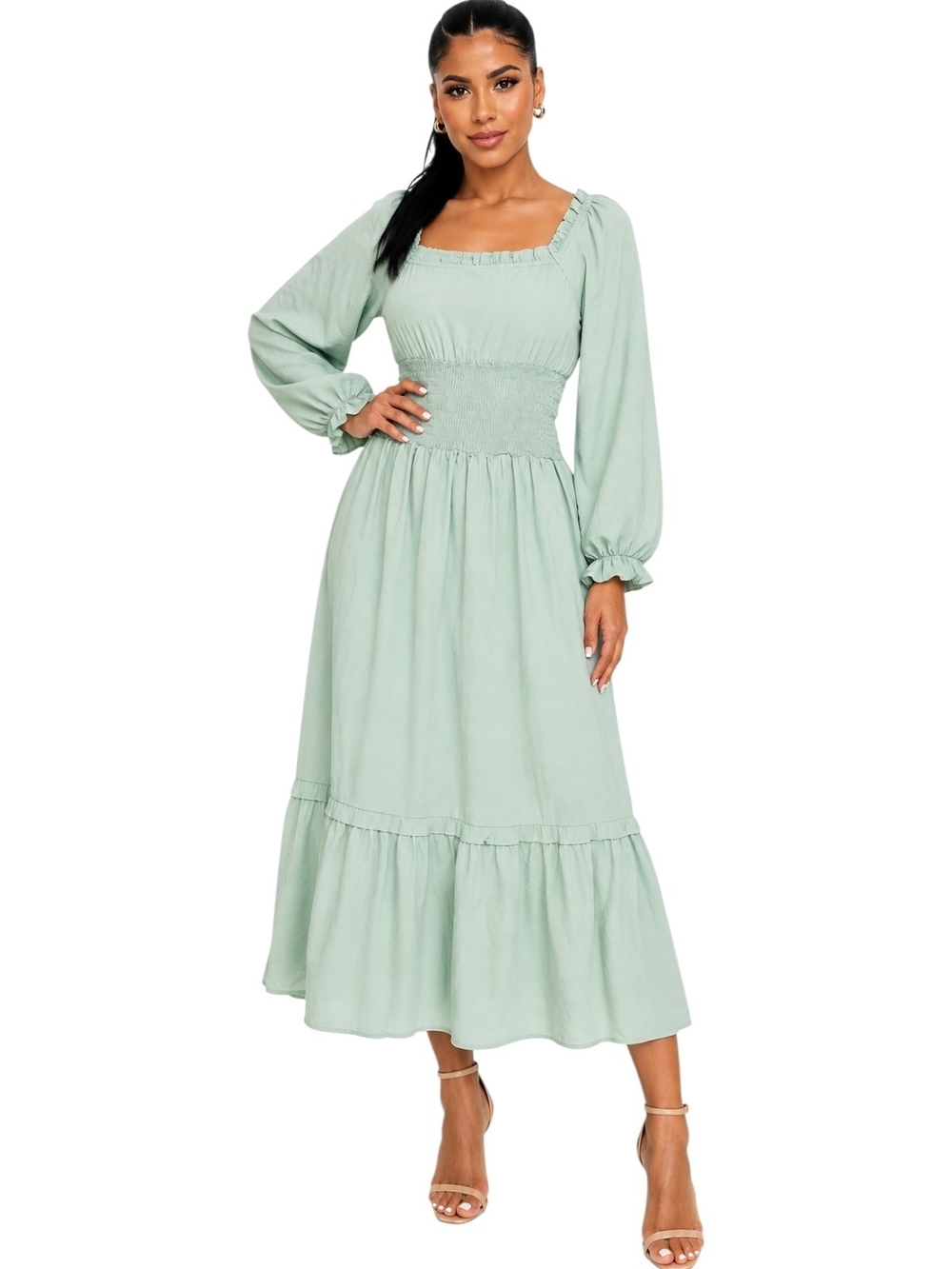 Missky Mint Green Smocked Midi Dress | Square Neck | Long Sleeve | Size S. NWT. - Picture 2 of 9